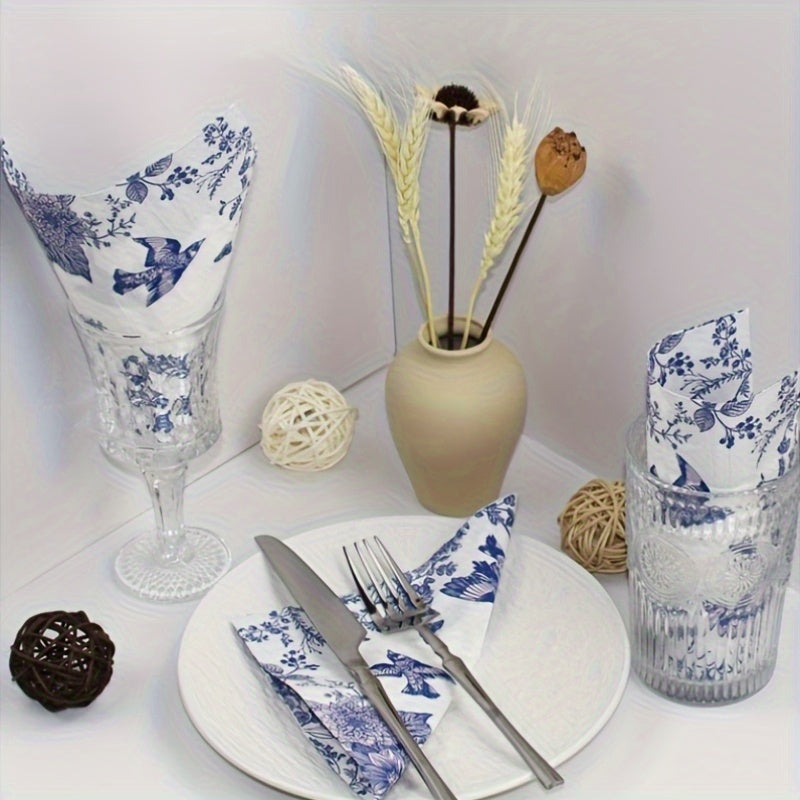 Servítky – modré s kvetinovým a vtáčím dizajnom