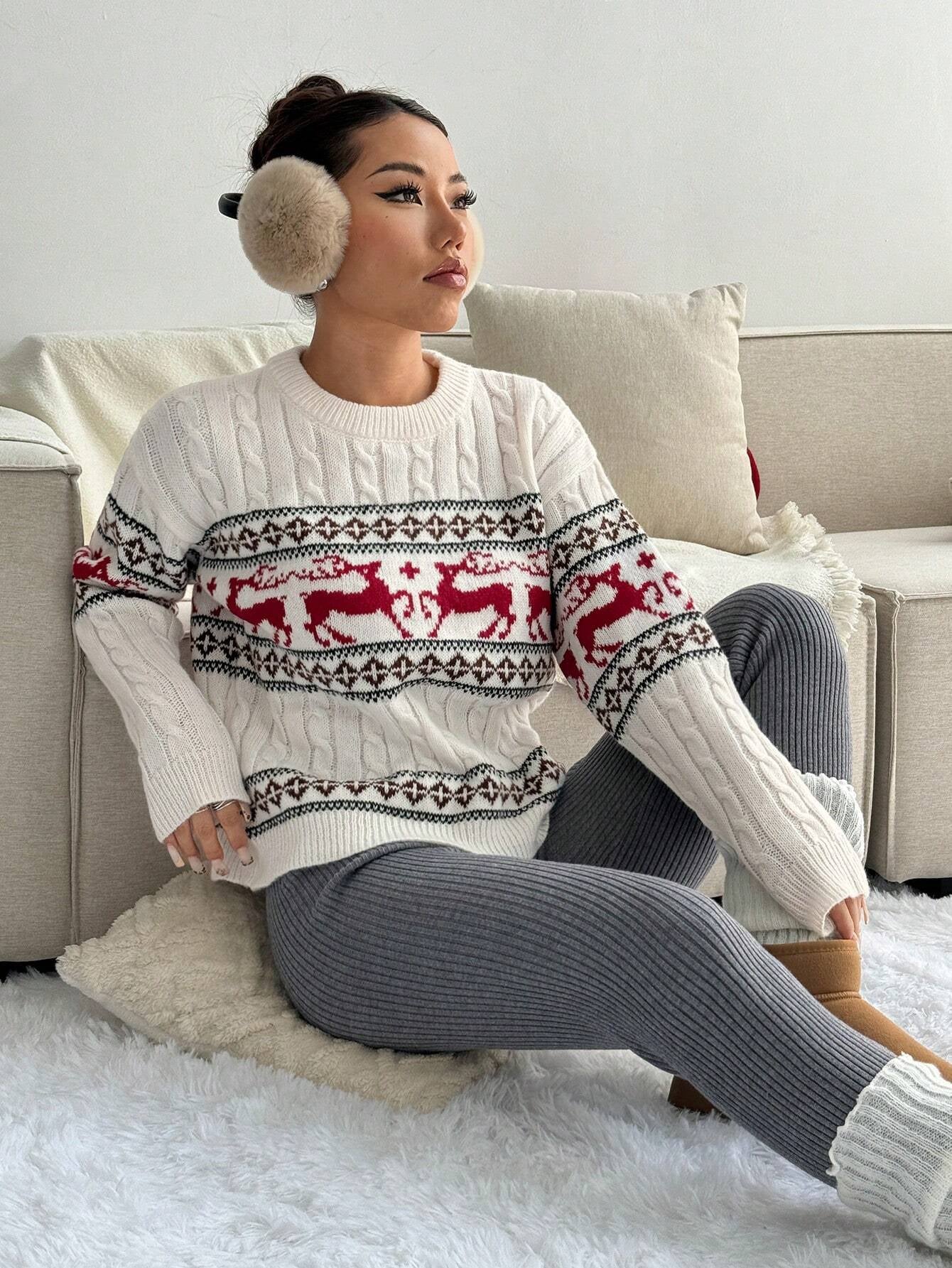 Dámsky elegantný sveter – červený sob a vločky
