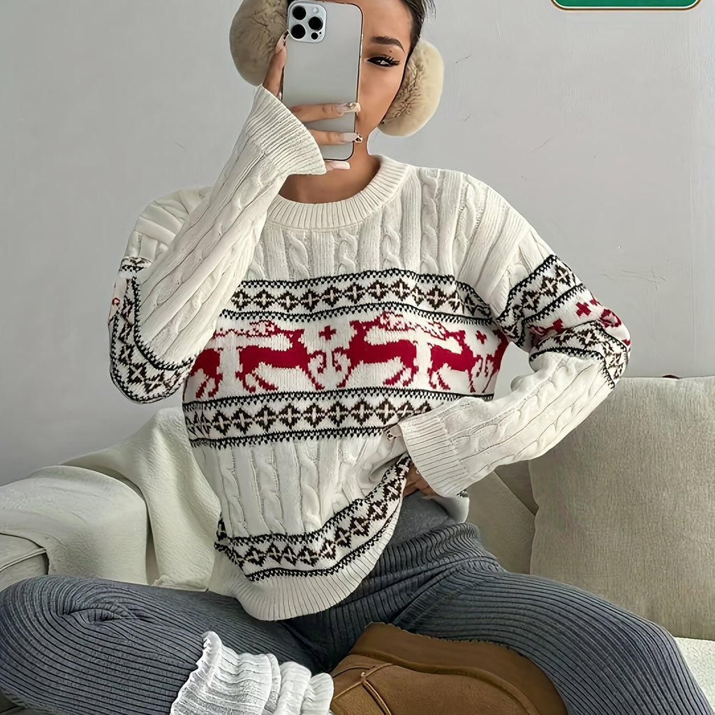 Dámsky elegantný sveter – červený sob a vločky