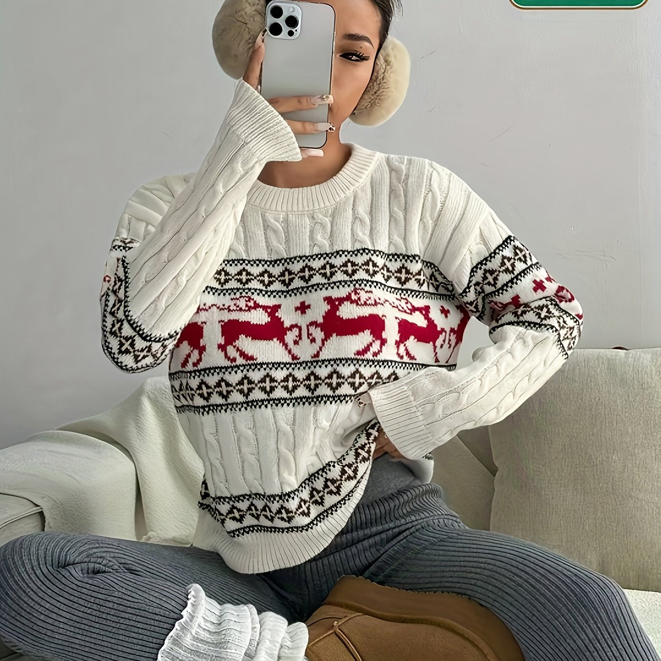 Dámsky elegantný sveter – červený sob a vločky