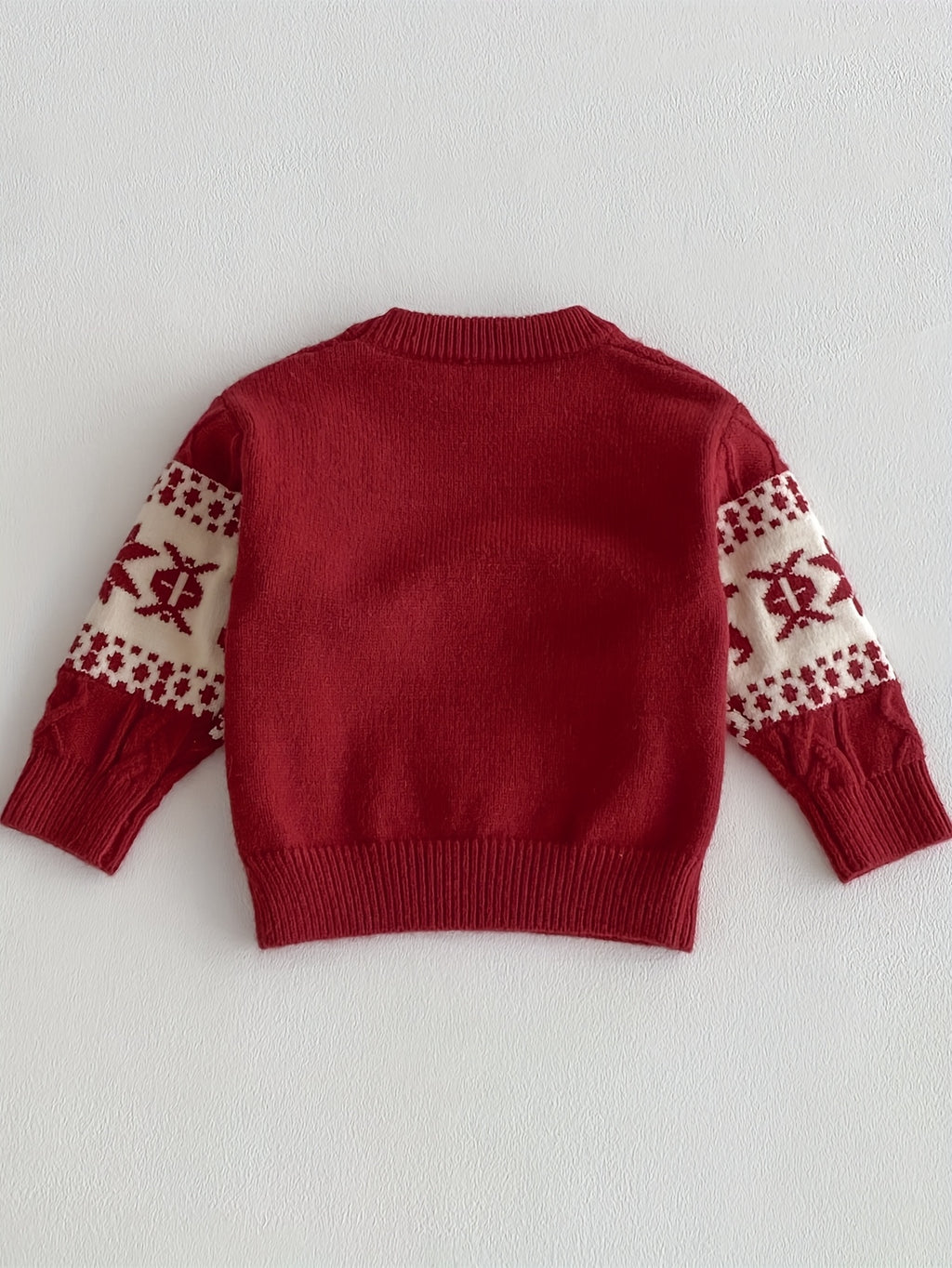 Detský zimný sveter – červený s vločkami a sobmi