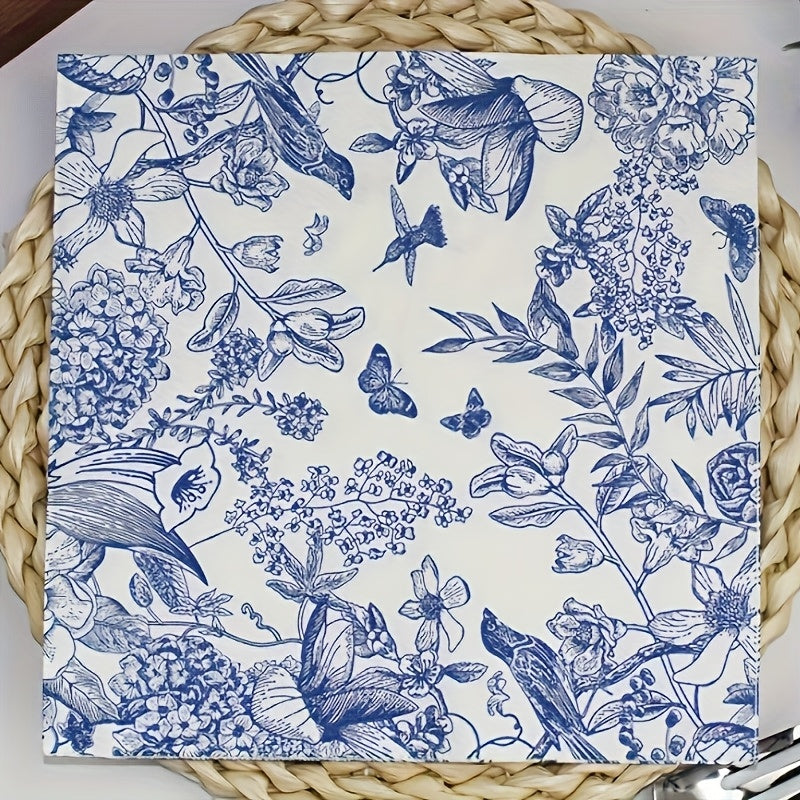 Servítky – modré s kvetinovým a vtáčím dizajnom