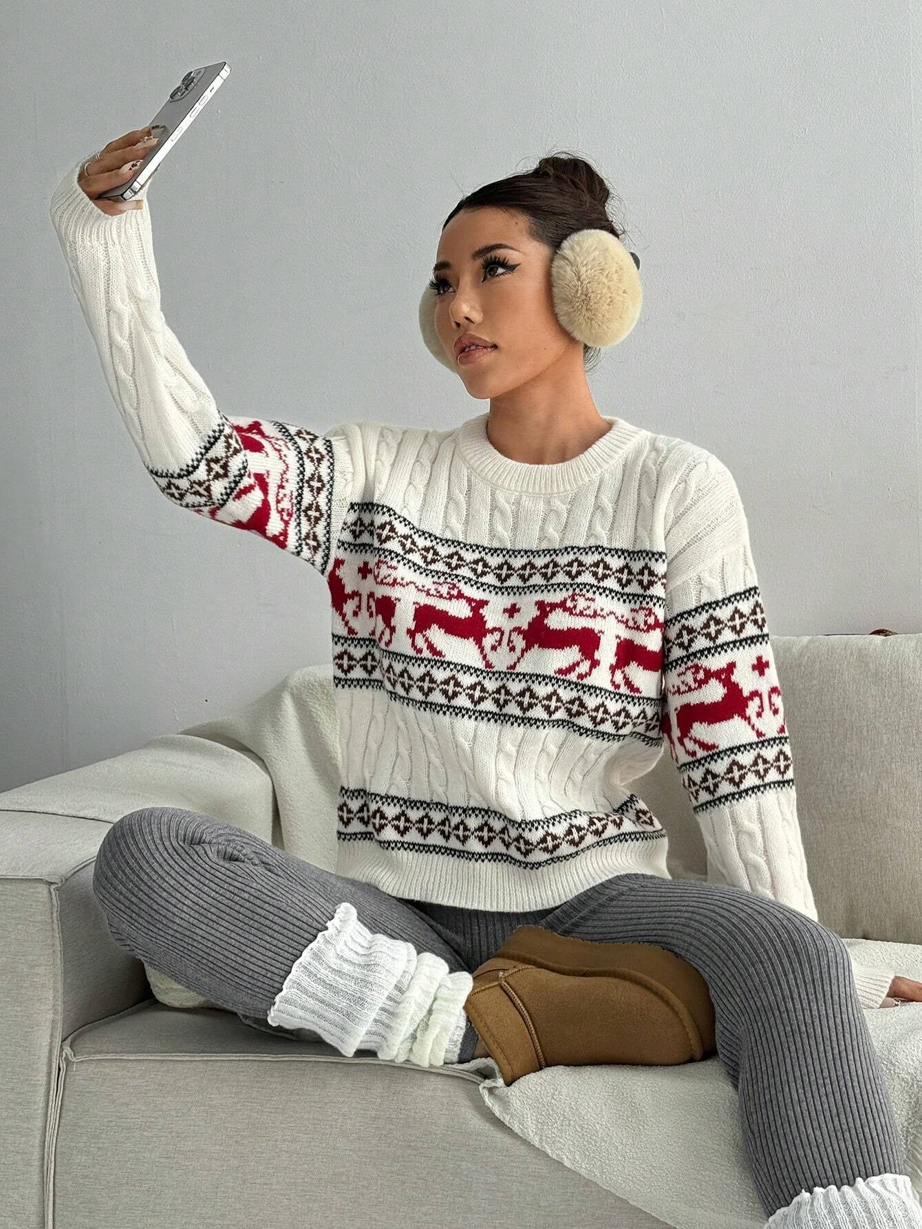 Dámsky elegantný sveter – červený sob a vločky
