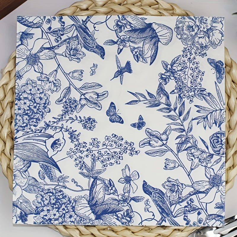 Servítky – modré s kvetinovým a vtáčím dizajnom