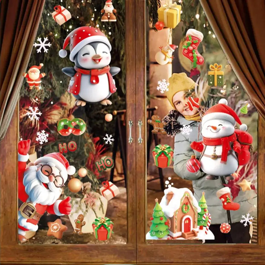 Vianočné nálepky na okno – snehové vločky a sobi