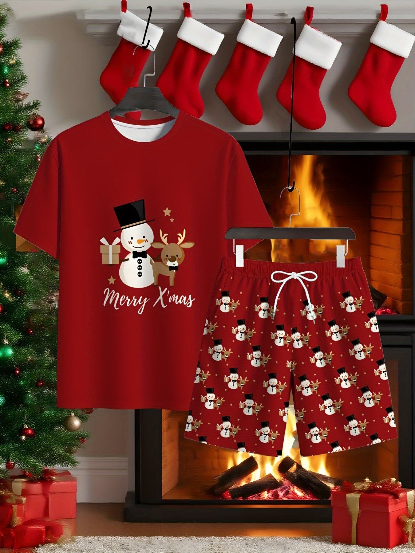 Pánske vianočné tričko a šortky – červené