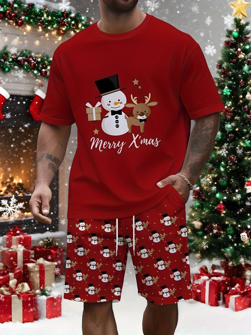 Pánske vianočné tričko a šortky – červené