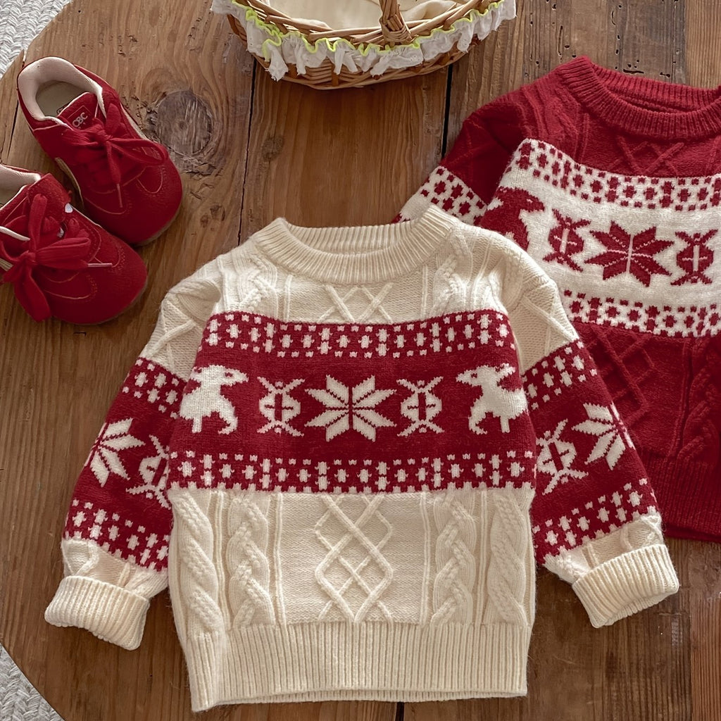 Detský zimný sveter – červený s vločkami a sobmi