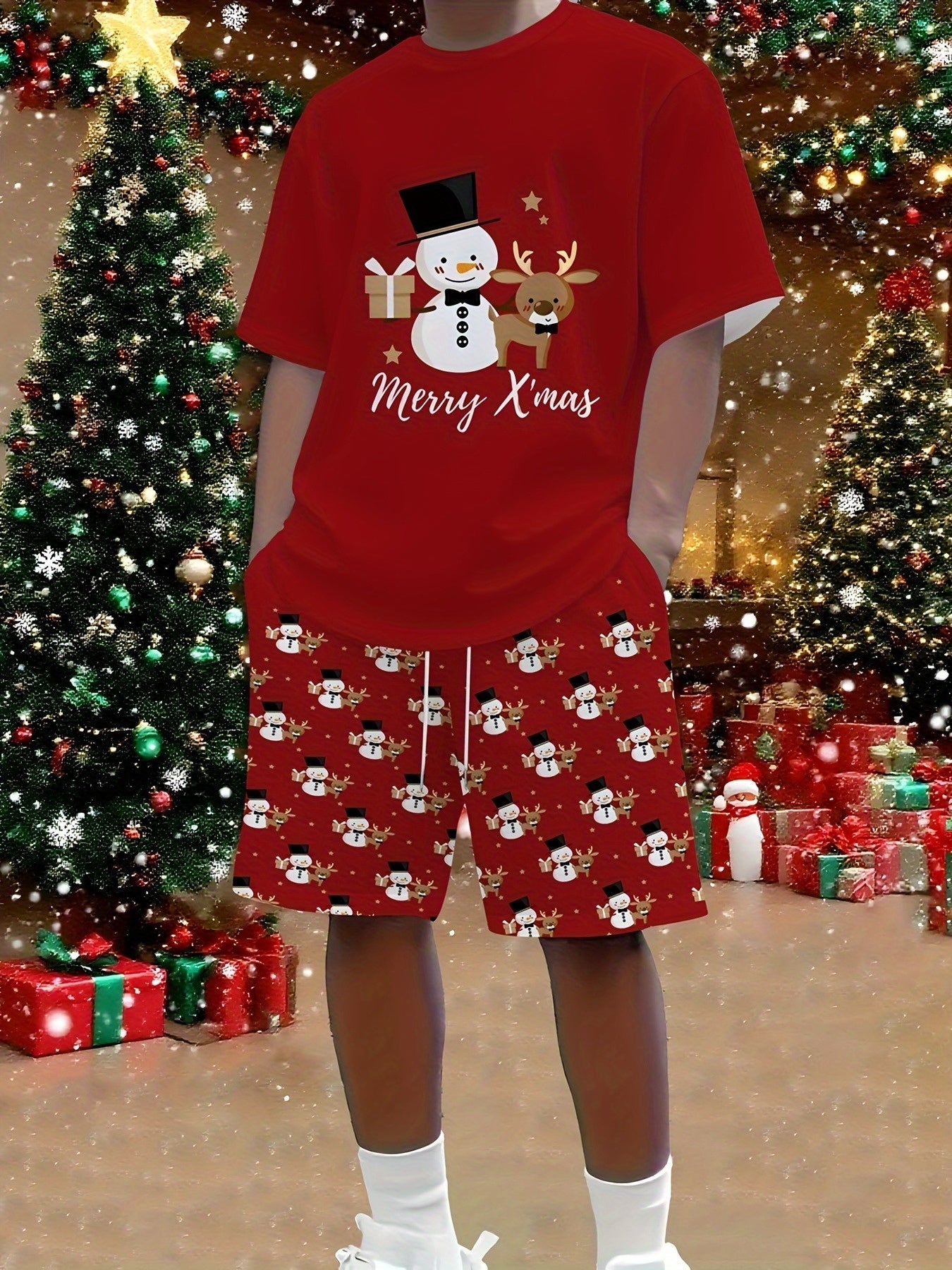 Pánske vianočné tričko a šortky – červené