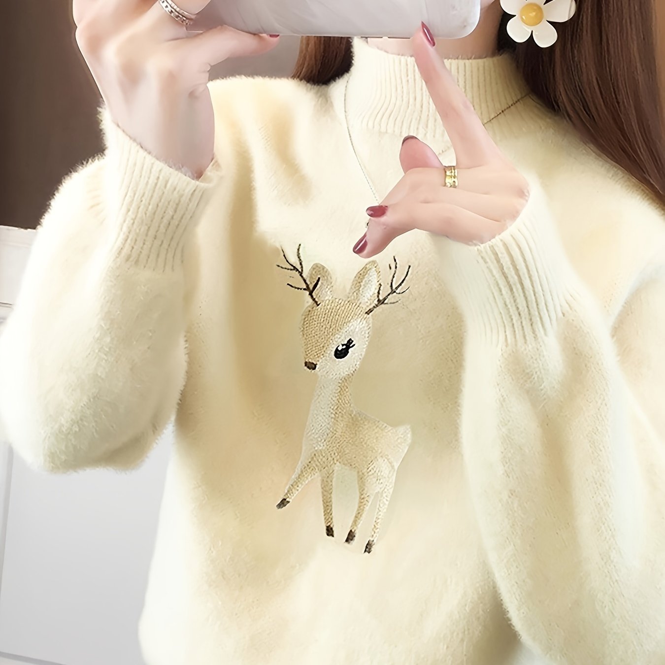 Vianočný sveter – elegantný polokrúžkový sveter s jeleňom